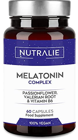 Mélatonine 1,8mg Complex - Endormissement + Jet Lag - Valériane Fleur Passion Vit B6 - Melatonina - 60 Gélules Végétaliennes Melatonin Complex Nutralie