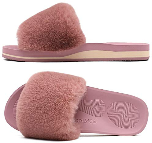 COFACE - Pantofole da donna con pelliccia sintetica, plantare con supporto dell'arco, con punta aperta, per uso interno ed esterno, Rosa scuro, 39.5 EU