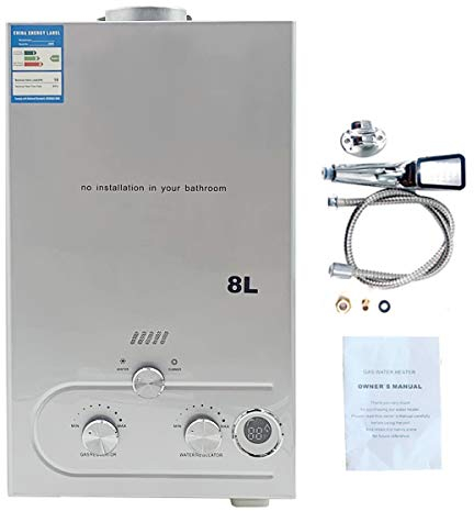 Cozyel Tragbarer Gas Durchlauferhitzer 8L 16KW Propangas Campingdusche für Dusche im Außenbereich Dusche Bad Warmwasser Camping Dusche LPG Warmwasserbereiter Warmwasser Tankless Instant, Silber