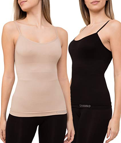 Channo Pack de 2 Camisetas Interiores Reductoras con Tirantes Ajustables, Suaves y Elásticas Seamless sin Costuras (Beige Negro, M)
