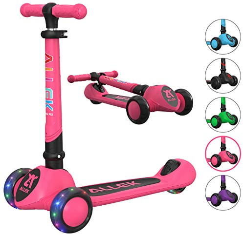 Allek Kick Scooter Foldable F02, 3-Wheel LED Flashing Glider and 4 Adjustable Height with Anti-Slip Thick Deck Push Scooter for Children 3-12yrs (Pink)