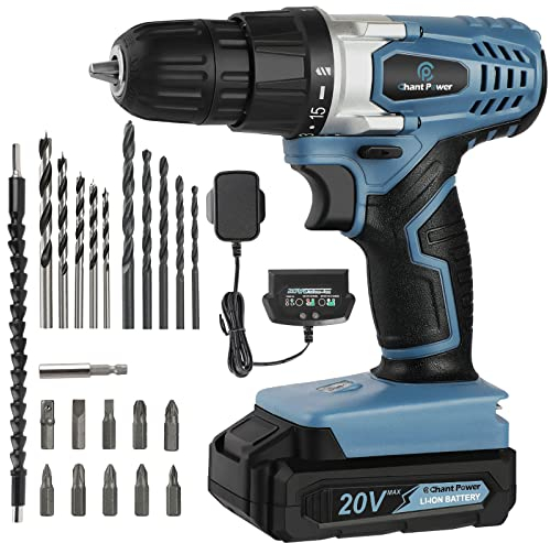 C P CHANTPOWER Cordless Drill Set, 20V Electric Power Drill Driver with Battery and Charger, 10mm Keyless Chuck, Variable Speed, 16 Position and 22pcs Accessoris