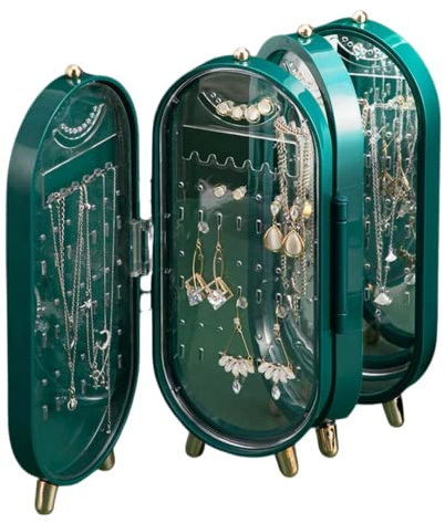 ZÉAUSA Jewellery Organiser Box with Mirror Earrings Necklace Bracelet Display Stand Foldable Storage Case (Green)