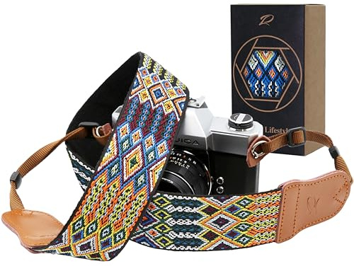 Padwa Lifestyle Kameragurt - 2“ Rindsleder Kopf Kameragurt für Fotografen, Vintage Jacquard Stickerei gewebt Baumwolle verstellbare Schulter Nackenriemen für Kameras, Ferngläser - Bunt