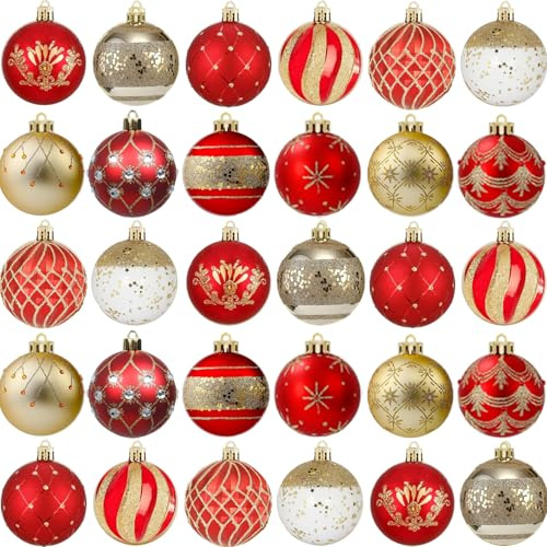 Weihnachtskugeln Weihnachten Deko Set,30 Stück 60mm Kunststoff Weihnachtsbaumkugeln mit Aufhänger Weihnachtsbaum für Weihnachten Christbaumschmuck Weihnachtsbaumschmuck (Rot Gold)