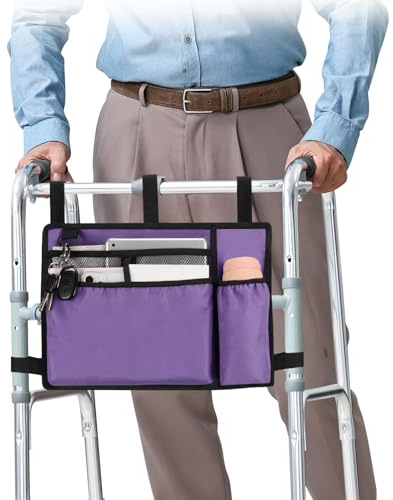 supregear Walker Tasche mit Getränkehalter, Wasserdicht Rollstuhltasche Falten Walker-Zubehör Korb für Rollstühle, Rollatoren, Roller (Helles Lila)