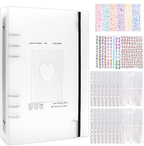 Álbum de Fotos A5 Binder Kpop mini Photocards 4 Archivadores con Anillas Carpeta de 6 Agujeros + 30 Hojas de 4 Compartimentos para Fotos Tarjetas, Sellos con Pegatinas Adhesivos Alfanuméricos