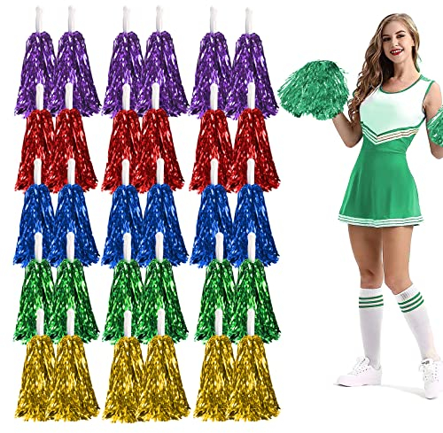 GZjiyu 30 Stück Pom Poms Cheerleading, Wiederverwendbar Cheerleader Pompons für Sportveranstaltungen,Partys,Bühnenaufführungen,festliche Feiern(PET)