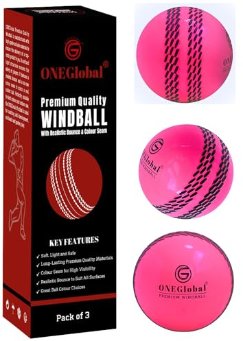 ONEGlobal Premium Windball Soft Cricket Ball | Durable & Safe, Colour Seam, True Bounce & Swing | Wind Ball for Outdoor & Indoor Practice, Coaching, Garden & Beach Games (3-Pink)