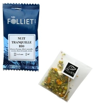 CAFÉS FOLLIET - Infusion Bio - Nuit Tranquille - Sans théine & Sans conservateurs - Relaxation & Sommeil - Agit contre les insomnies - Sachets d'origine végétale - 24 Sachets