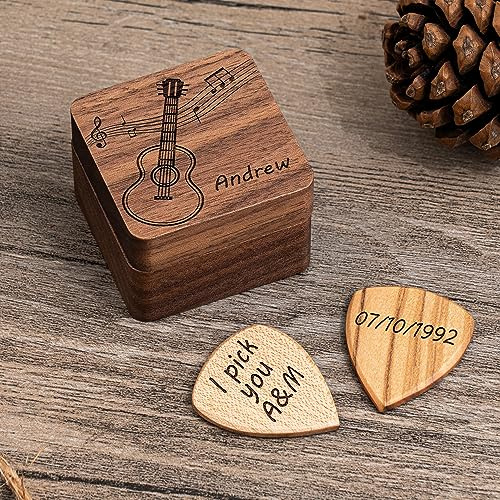 Púas de guitarra de madera personalizadas con funda y soporte, caja para púas personalizadas, regalo para el día del padre, Navidad o cumpleaños