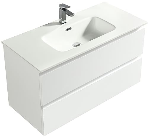Alpenberger Waschbecken mit Unterschrank 100 cm Breit Weiss | Aufsatzwaschbecken Waschbeckenunterschrank Waschplätze | Waschtisch Gäste WC Möbel Bademöbel-Set | Waschtischunterschrank Hängend