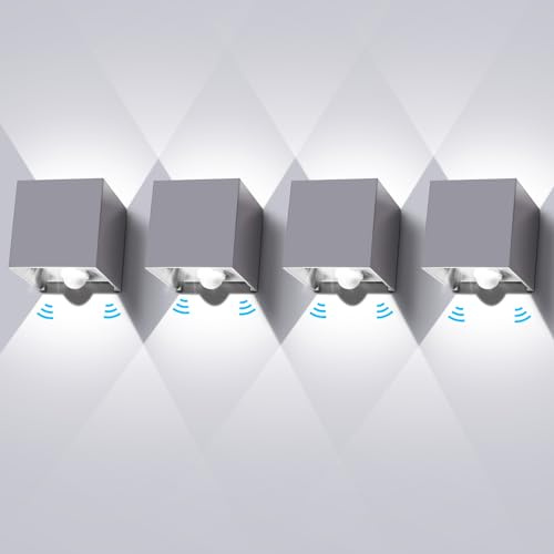ledmo 4 Stücke 12W Aussenlampe mit Bewegungsmelder, IP65 Wasserdichte Außenwandleuchten, LED 6000K Kaltweiß Wandleuchte Innen/Außen, Einstellbarer Lichtstrahl außenlampe mit bewegungsmelder, Grau