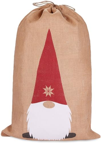BRUBAKER Weihnachtssack Gnom - 80 cm Geschenksack Weihnachten - Nikolaussack Jutebeutel Sack mit Kordel zum Verpacken von Geschenken - Weihnachtsmann Zwerg mit Bart und dicker Nase