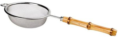 TAOMEINONG Passoire à thé en acier inoxydable avec poignée (bambou), tamis pour thé, café, cocktails, jus, infuseur à thé, passoire à nourriture, tamis à matcha 8,4 cm