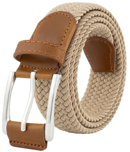 BOZEVON Ceinture Tressée Élastique Unisexe - Vintage Tissu Extensible Ajustable pour Golf - Homme et Femme - Beige