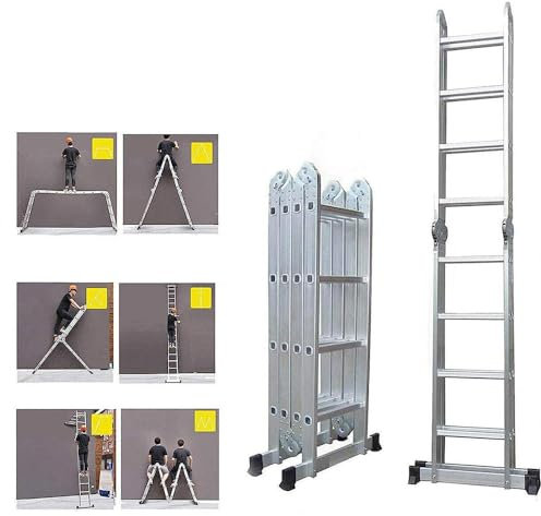 Folding Ladder, 4.7 m, Aluminium Ladder, Loft Ladder with Platform, Portable Multifunctional Ladder, 150 kg Load Capacity, Easy to Store, EN131