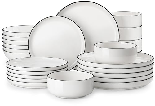 MALACASA Série LUNA Service de Vaisselle Rond 24 Pièces en Porcelaine pour 6 Personnes avec Assiettes Plates, Salade, Creuses, Bols, Service de Table Blanche avec Bord Noir