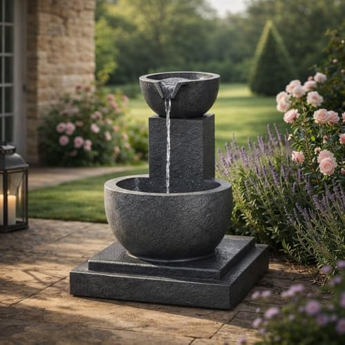 Festive Lights Fontaine solaire hybride Fengshui Falls de 50 cm avec batterie de secours – Polyrésine grise brillante, classée IP44, fontaine de jardin extérieure – Panneau externe, flux tranquille,