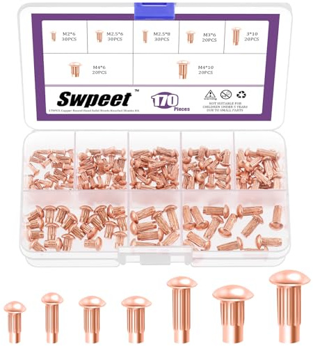 Swpeet 170Pcs M2 M2.5 M3 M4 ×6mm 8mm 10mm Rot Kupfer Solid Knulled Nieten Sortiment Kit, Halbrunde Solid Knulled Nieten für die Reparatur von Booten, Flugzeuge