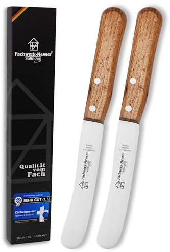 Fachwerk-Messer Buckelsmesser 2er-Set mit Handabzug/Glatt- Testsieger - Frühstücksmesser aus Solingen/Germany - Brötchenmesser/Brotzeitmesser Buchenholz
