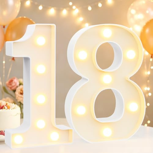 8.8 Decorative LED Light Up Numbers, Marquee Numbers Lights for 18th Birthday Decorations, Lighted Number Sign for Birthday Party Night Lights Anniversary Backdrop Home Decor, White Number 18