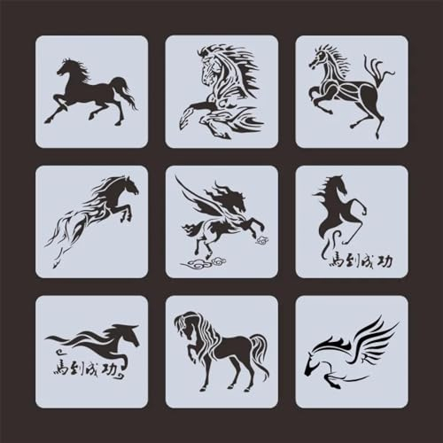 Schablonen zum Malen, 9 Stück, 13 x 13 cm, Motiv: Tiere, Pferde, wiederverwendbare Zeichenschablonen zum Malen auf Holz, Stein, Wand, Fliesen, Möbel, Leinwand, Tagebuch