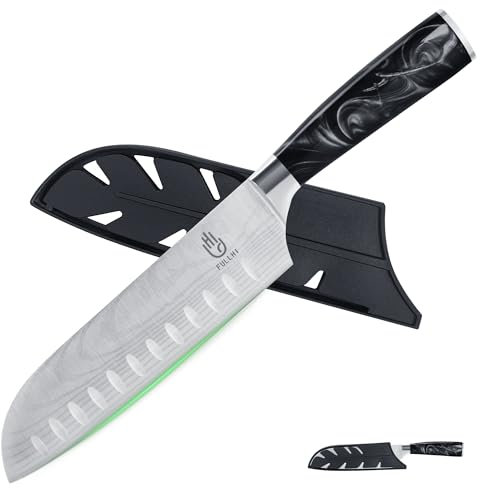 FULLHI Coltello Santoku con fodero 2pcs, colore 7 pollici coltelli giapponesi, Sushi taglio coltello da cucina in acciaio inox (Resina nera)