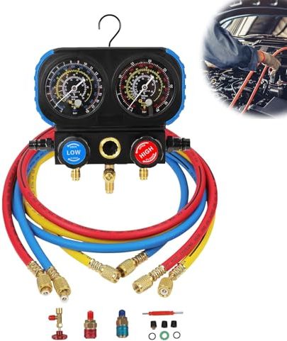 Kältemittel Nachfüllset, Kältemittelanzeige Klimaanlage Befüllen Set für R1234YF R134A R404A R12 AC Manometer Set Multifunktionales AC/HVAC-Manometerset 3-Wege mit Doppelskala 3 Ventil