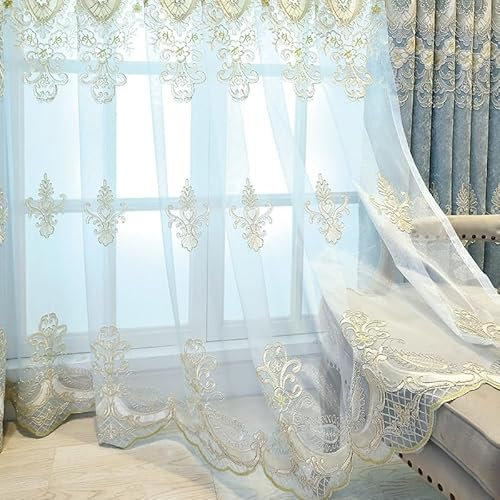 KEKUYA Voile Gardinen Transparent Ösenvorhang Wohnzimmer Schlafzimmer Luftig Dekoschal und Sonnenlichtfilterung 2er Set 229 x 229 cm(BxH) Blaue Stickerei
