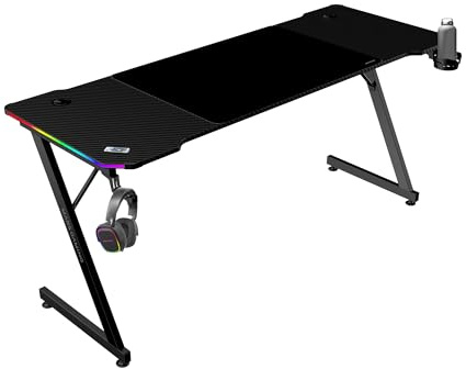 Mars Gaming MGD-X160RGB, Mesa Gaming Ergonómica, Iluminación ARGB con Mando, Fibra de Carbono, Alfombrilla XXL, Soporte Auriculares y Bebida, Gestión Cableado, Escritorio Gaming 160x60cm, Negro