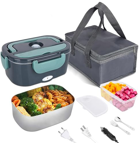 Oamger Lunch Box Chauffante, Gamelle Chauffante Électrique 2 en 1,1,5L Boîte à Lunch Électrique 220V 24V 12V,Boîte Chauffante Repas 304 Acier Inoxydable, Chauffage Rapide, pour Voiture Camion Bureau