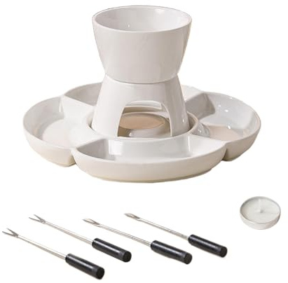 Juego de fondue de chocolate, juego de fondue de chocolate, tarro de cerámica para derretir chocolate con tenedor y cajón | Juego de platos de fondue de calefacción con vela de queso,