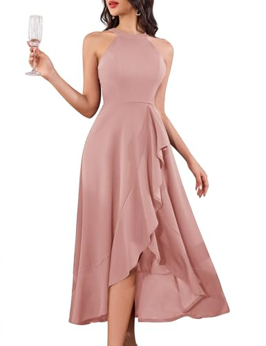 Aupuls Robe midi dos nu pour invitées de mariage pour femme, robe de cocktail formelle, rose poudré, L