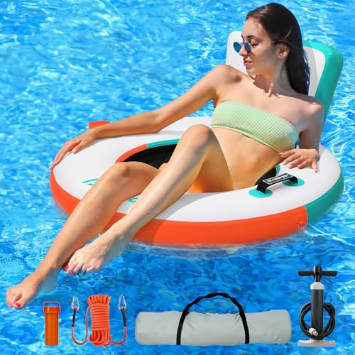 FBSPORT Plate-forme flottante gonflable, hamac gonflable de 9,1 cm pour lac avec porte-gobelet, anneau flottant rond, anneau flotteur Sunchill pour piscine, radeau de piscine, coussin d'île, vert