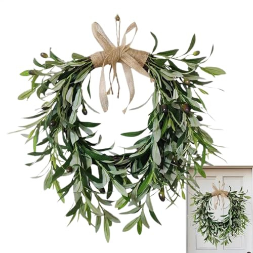 Corona Artificial de Hojas de Olivo | Coronas de Ramas de Olivo Vegetales para decoración del hogar – Colgante de Pared de Plantas Falsas, Exquisito para Todas Las Estaciones de Primavera para el día | Durante toda la temporada de plantas falsas colgantes de pared para Navidad, Día de la Madre