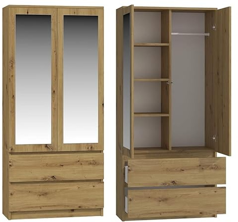 BDW Kleiderschrank mit Spiegel, 90x180x50 cm, 2 Schubladen, 4 Regale | Ideal für EIN Schlafzimmer, Flur, Kinderzimmer oder Büro | Kleiderständer, Garderobenständer (Eiche Artisan)