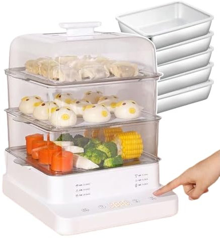 QUSYZD Vaporera eléctrica y Calentador de Alimentos/Ollas arroceras de 3 Niveles con Pantalla/Vaporera eléctrica apilable/Acero Inoxidable/Fácil de Lavar, 800 W,