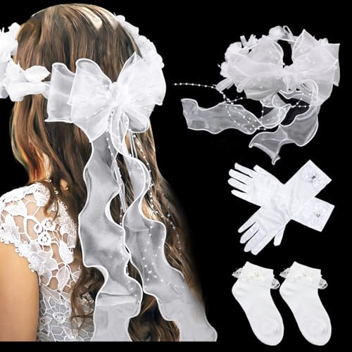 SPOKKI Kommunion Haarschmuck Satz Stirnband Kommunion Mädchen Haarkranz mit Weiß Blüten Perlen Organza Bänder Haarschmuck Kommunion Mädchen Socken Handschuhe für Kommunion Hochzeit Blumenmädchen