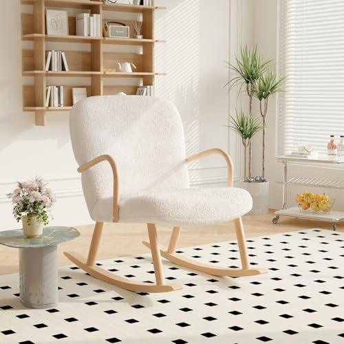 Teahutty Lammwolle Schaukelstuhl Armlehne Schaukelstuhl Kinderzimmer Schaukelstuhl mit stabilem Holzbein und hoher Rückenlehne für Wohnzimmer und Schlafzimmer, Beige