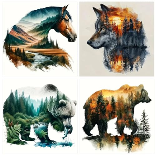 GLIDIAM 4er Set Diamond Painting Pferd Wolf Elefant Bär, Diamant Malerei Bilder Tiere, 30x30cm DIY Full Drill Basteln Erwachsene, Mosaik Stickerei Kreuzstich Geschenk für Wanddeko Wohnzimmer