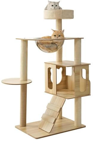YPDOPORA Árbol para Gatos Moderno De 117 Cm con Poste Rascador, Condominio Grande De Varios Niveles De Madera con Caseta Y Rascador
