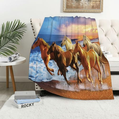 MAAPCHP Kuscheldecke Flauschig Decke Fleecedecke Pferde am Strand Wohndecke Warm Winter Weich,Decke Couch Blanket,Wohn- & Kuscheldecken 100 x 130 cm,Sofa überwurfdecke