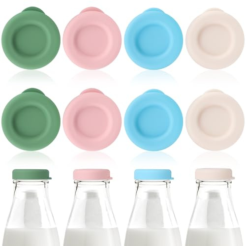 8 Pcs Milk Bottle Tops, 48mm Diameter Reusable Silicone Milk Bottle Tops in 4 Colors, Leakproof Glass Milks Bottles Caps, Silicone Bottle Lids for Stanpac & Libbey Glass Bottles