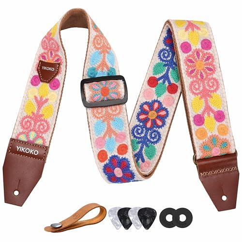YIKOKO Sangle de guitare en coton tricoté à fleurs de 5,1 cm avec extrémité en cuir pleine fleur, pour guitares basses, électriques et acoustiques, bouton de sangle, 2 verrous de sangle et 4 médiators