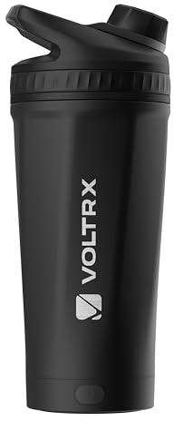 VOLTRX ChillMix Bouteille shaker isotherme en acier inoxydable – Mélangeur électrique rechargeable par USB C, pour boissons protéinées et remplacement des repas, acier chromé (noir obsidienne)
