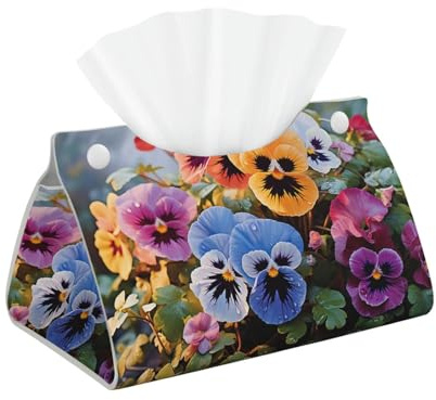 Tissue Box Cover PU Leather Tissues Box Holder Rectangle Facial Paper Organizer Pansy Flowers Decorative Dispenser Paper Cover Case Napkin Holder for Bathroom Tabletop Car
