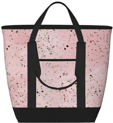 Sac cabas isotherme à motif terrazzo marbré rose et or – Grand format, imperméable et adapté au contact alimentaire, idéal pour les courses, le déjeuner, les pique-niques et les plats à emporter.