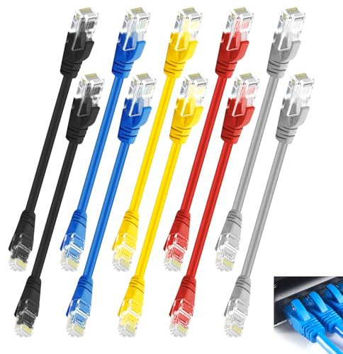 10Pcs Cat6 Short Ethernet Cable 15cm, RJ45 Patch Cable High Speed, 5 Color | Bare Copper Connectors, 10Gbps High Speed Stable Signal Durable, Snagless Compact Design, Router Modem PC Network Setup
