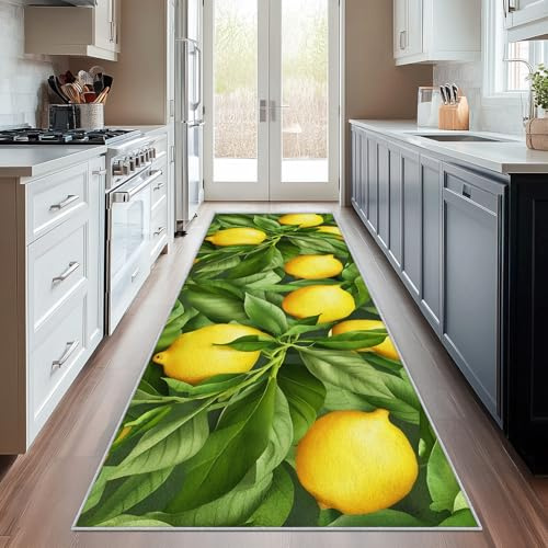Generisch Läufer Flur Gelb Zitrone, Waschbarer Teppich Läufer Tropische Frucht Früchte Blätter 60x120, Küchenteppich, Eingangsbereich, Bettvorleger, Schlafzimmer Deko, rutschfest, Kurzflor i5877